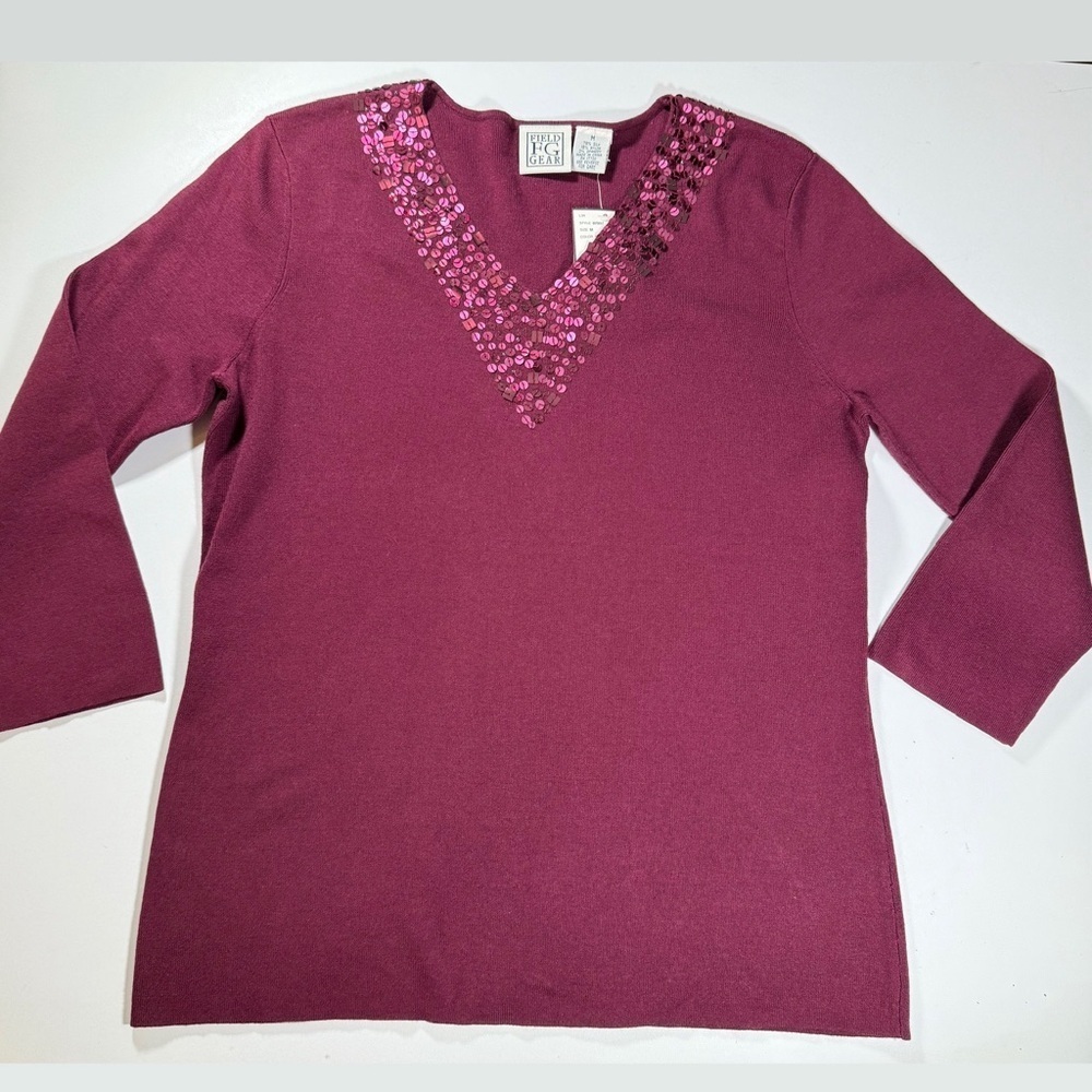 NWT Field Gear Women’s Bristol Ruby Red V-Neck Pullover Beaded Silk Sweater M - Picture 2 of 5